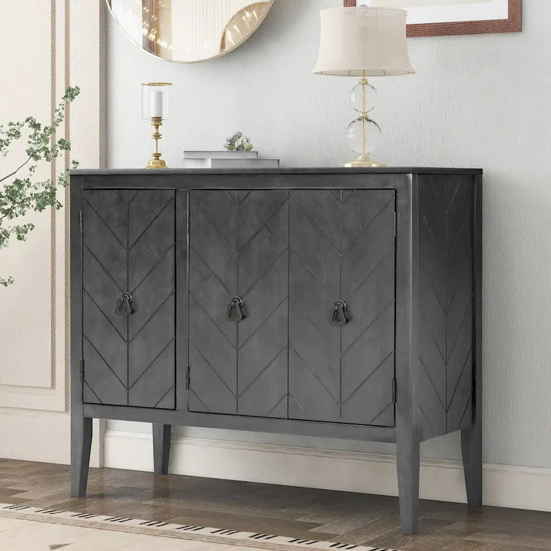 Buffet vintage à 3 portes avec panneau à rayures diagonales et poignées en bronze, 94 cm de large - Blanc/Marron/Bleu/Gris