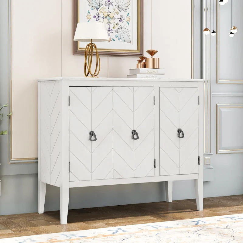 Buffet vintage à 3 portes avec panneau à rayures diagonales et poignées en bronze, 94 cm de large - Blanc/Marron/Bleu/Gris