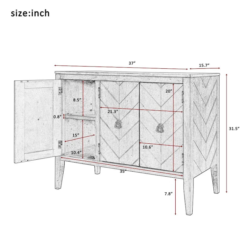 Buffet vintage à 3 portes avec panneau à rayures diagonales et poignées en bronze, 94 cm de large - Blanc/Marron/Bleu/Gris