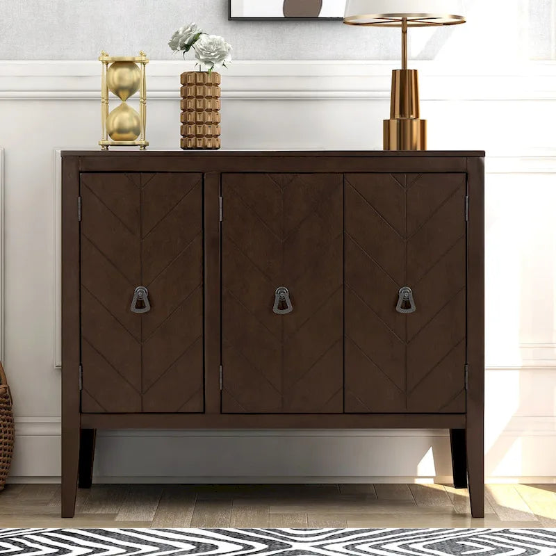 Buffet vintage à 3 portes avec panneau à rayures diagonales et poignées en bronze, 94 cm de large - Blanc/Marron/Bleu/Gris