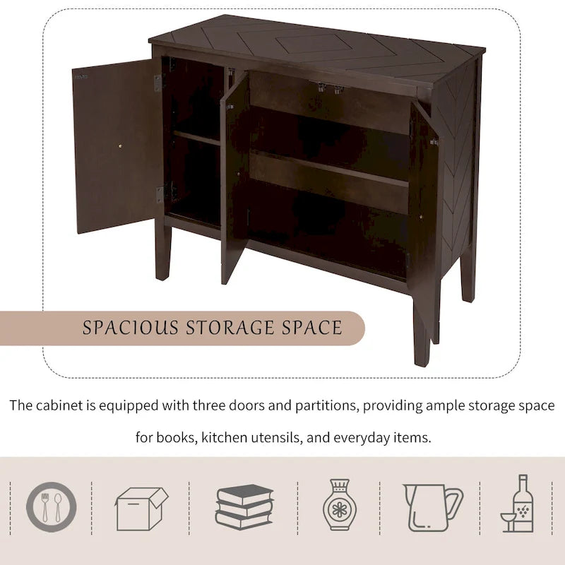 Buffet vintage à 3 portes avec panneau à rayures diagonales et poignées en bronze, 94 cm de large - Blanc/Marron/Bleu/Gris