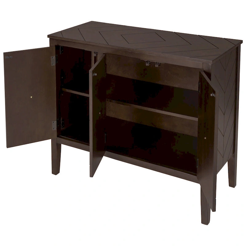 Buffet vintage à 3 portes avec panneau à rayures diagonales et poignées en bronze, 94 cm de large - Blanc/Marron/Bleu/Gris