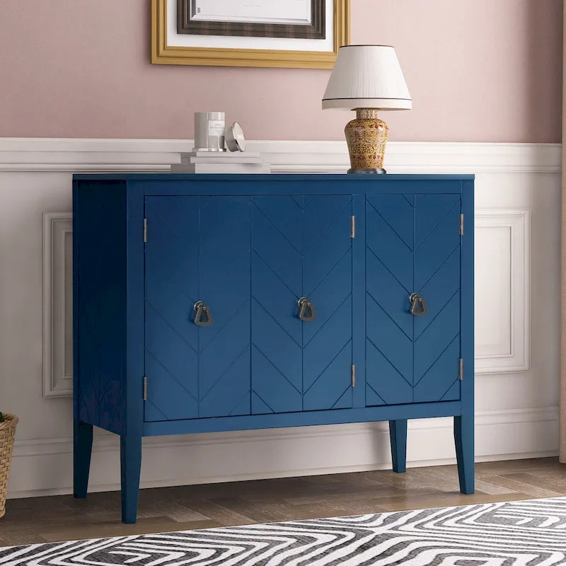 Buffet vintage à 3 portes avec panneau à rayures diagonales et poignées en bronze, 94 cm de large - Blanc/Marron/Bleu/Gris