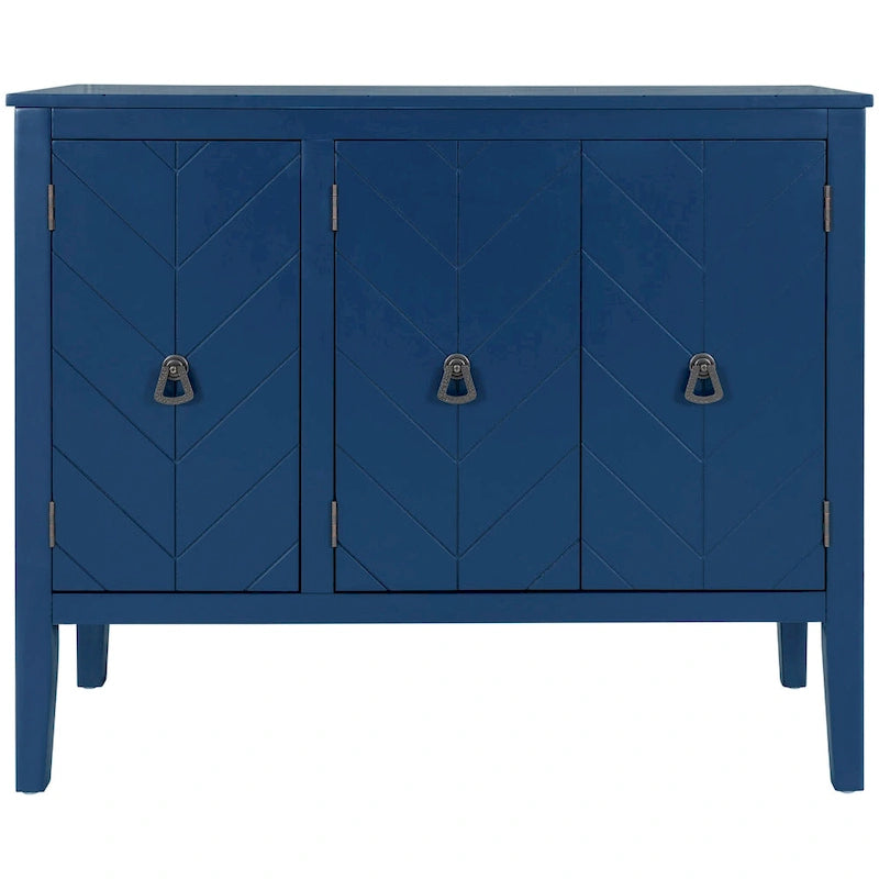 Buffet vintage à 3 portes avec panneau à rayures diagonales et poignées en bronze, 94 cm de large - Blanc/Marron/Bleu/Gris