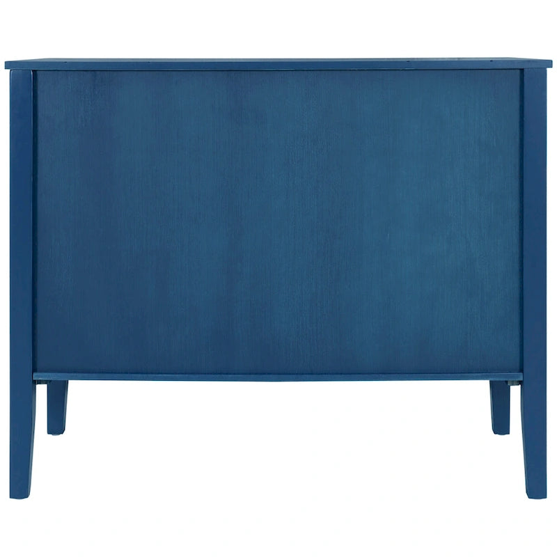 Buffet vintage à 3 portes avec panneau à rayures diagonales et poignées en bronze, 94 cm de large - Blanc/Marron/Bleu/Gris