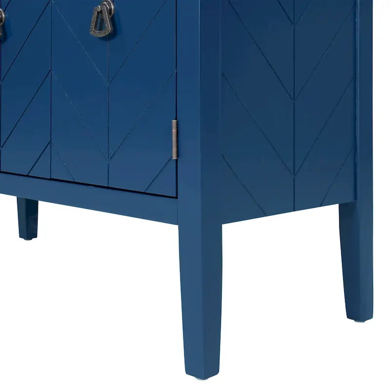 Buffet vintage à 3 portes avec panneau à rayures diagonales et poignées en bronze, 94 cm de large - Blanc/Marron/Bleu/Gris