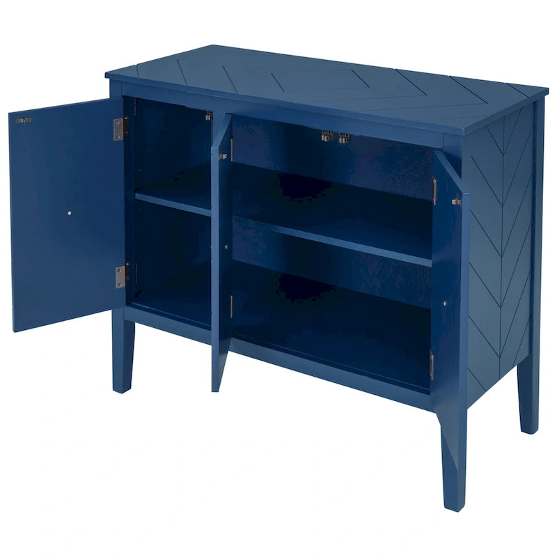 Buffet vintage à 3 portes avec panneau à rayures diagonales et poignées en bronze, 94 cm de large - Blanc/Marron/Bleu/Gris