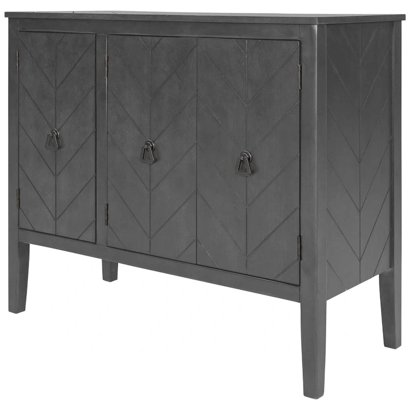 Buffet vintage à 3 portes avec panneau à rayures diagonales et poignées en bronze, 94 cm de large - Blanc/Marron/Bleu/Gris