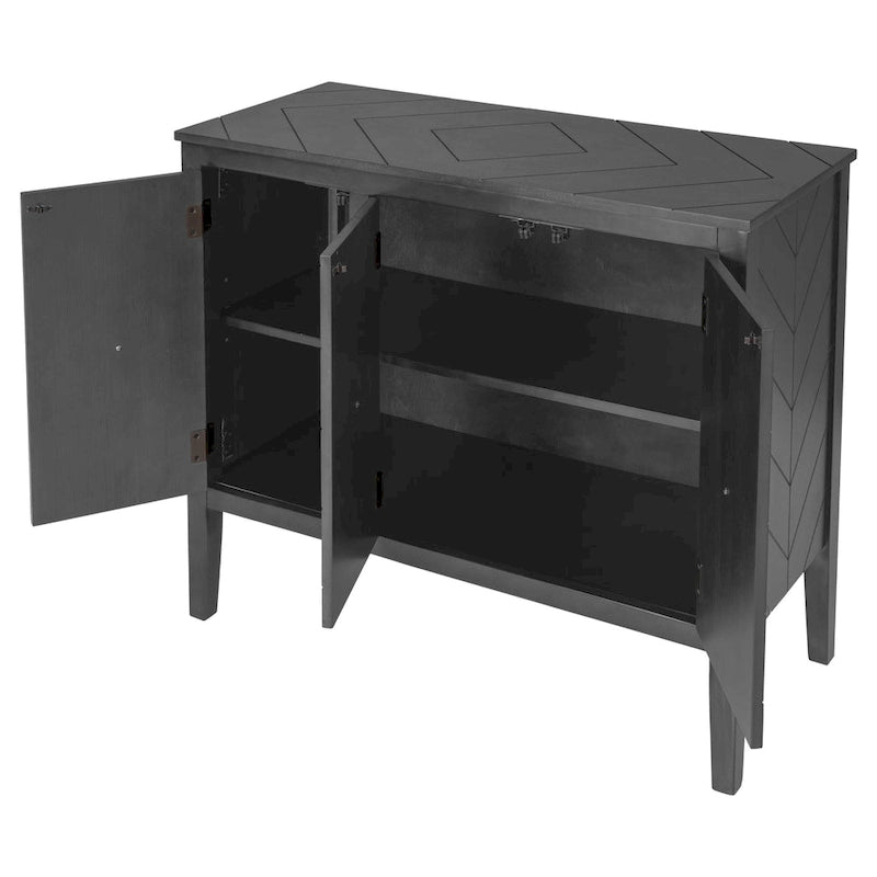 Buffet vintage à 3 portes avec panneau à rayures diagonales et poignées en bronze, 94 cm de large - Blanc/Marron/Bleu/Gris