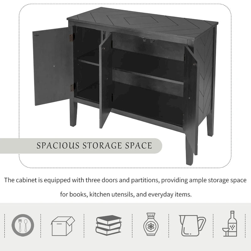 Buffet vintage à 3 portes avec panneau à rayures diagonales et poignées en bronze, 94 cm de large - Blanc/Marron/Bleu/Gris