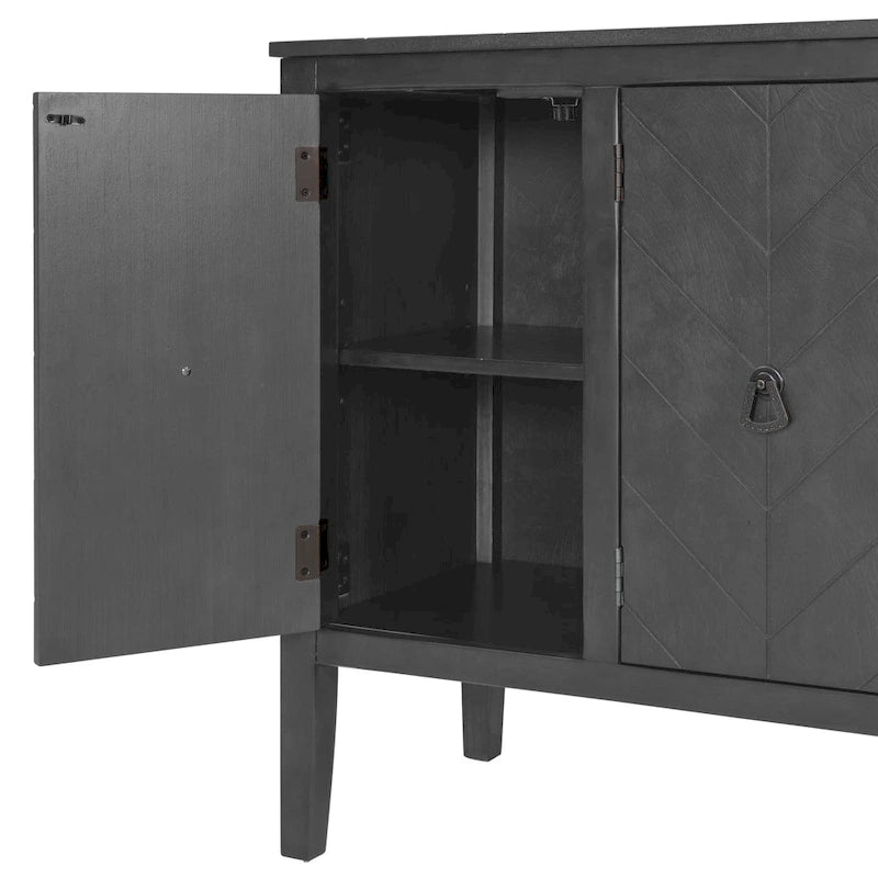 Buffet vintage à 3 portes avec panneau à rayures diagonales et poignées en bronze, 94 cm de large - Blanc/Marron/Bleu/Gris