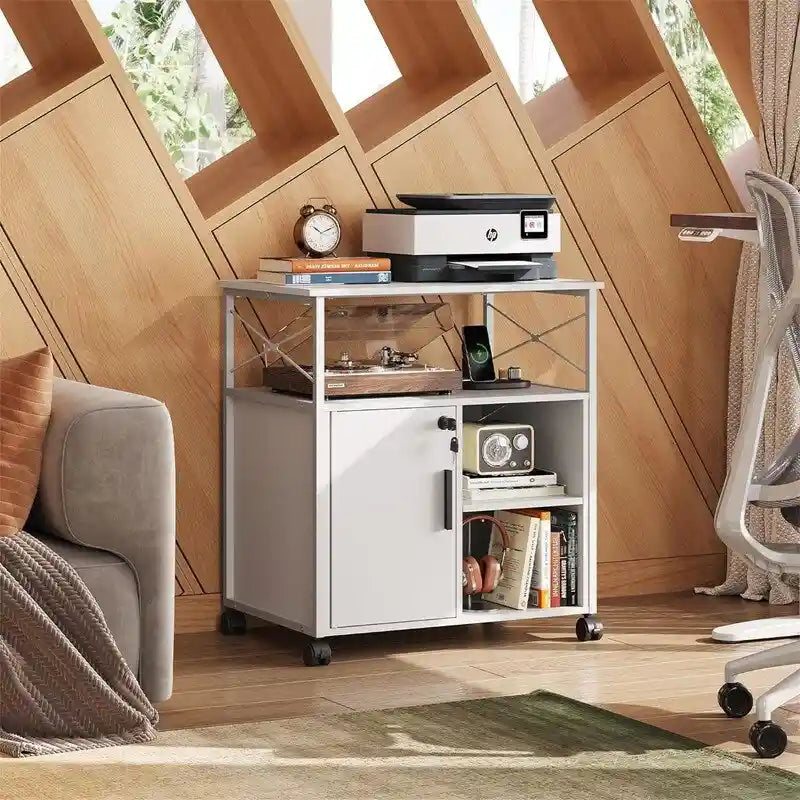 Classeur mobile en bois d'ingénierie blanc/marron et acier avec station de charge 4 prises, porte verrouillable et 4 roulettes pivotantes