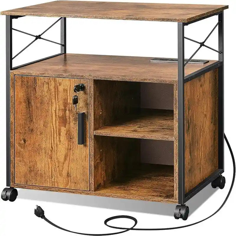 Classeur mobile en bois d'ingénierie blanc/marron et acier avec station de charge 4 prises, porte verrouillable et 4 roulettes pivotantes