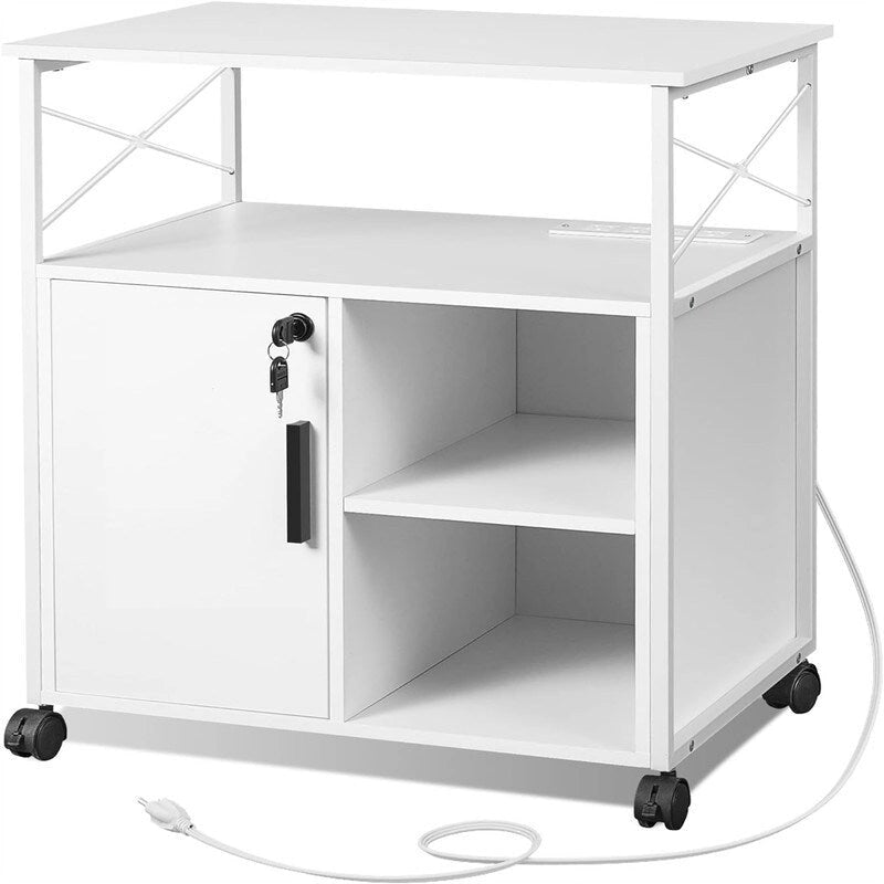 Classeur mobile en bois d'ingénierie blanc/marron et acier avec station de charge 4 prises, porte verrouillable et 4 roulettes pivotantes