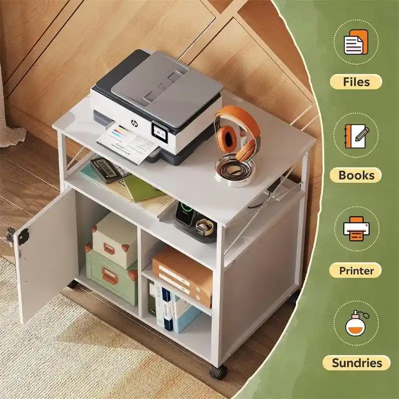 Classeur mobile en bois d'ingénierie blanc/marron et acier avec station de charge 4 prises, porte verrouillable et 4 roulettes pivotantes
