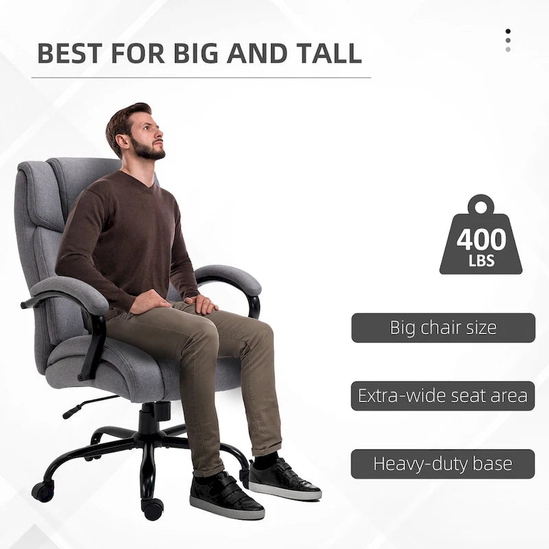 Fauteuil de bureau de direction grand et large à dossier haut en tissu gris clair aspect lin, avec hauteur réglable et pivotement à 360°, 1 place