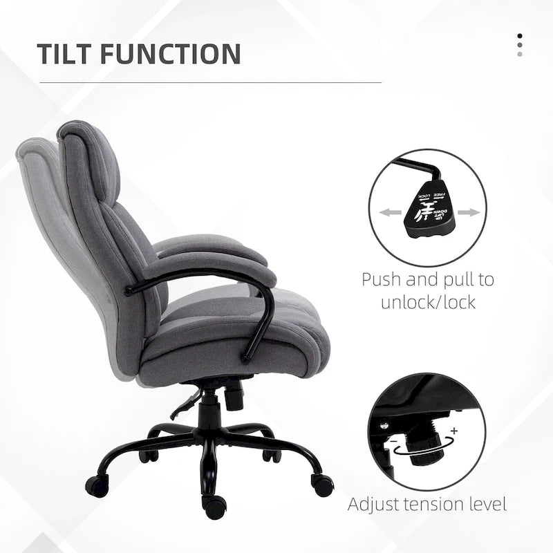 Fauteuil de bureau de direction grand et large à dossier haut en tissu gris clair aspect lin, avec hauteur réglable et pivotement à 360°, 1 place