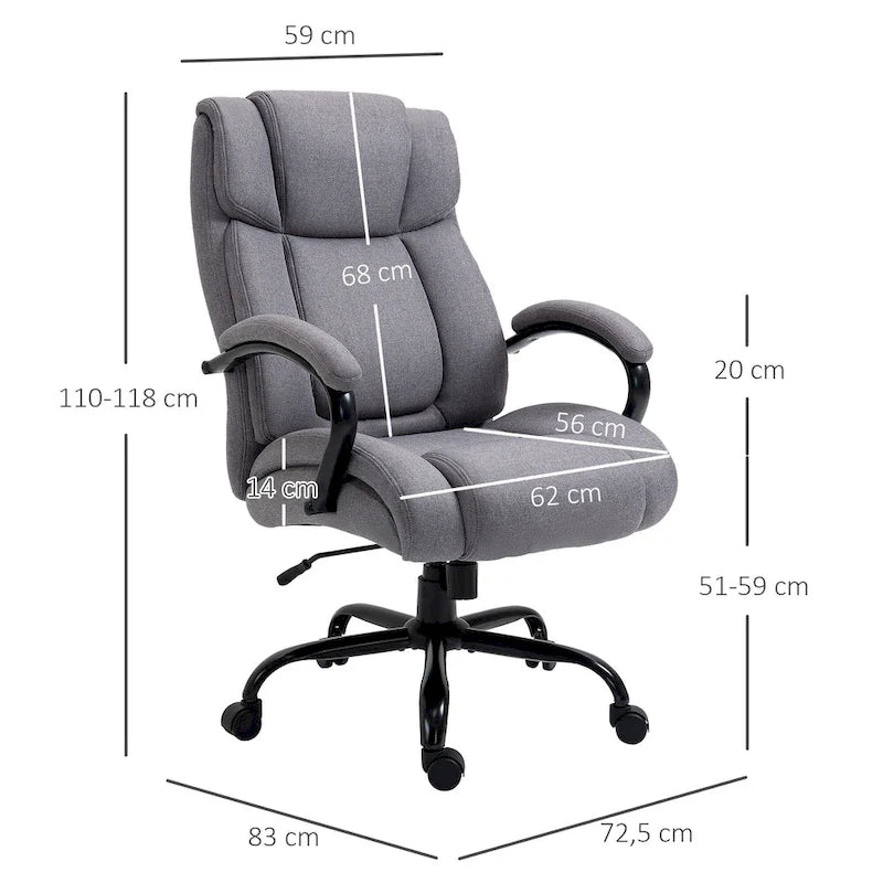 Fauteuil de bureau de direction grand et large à dossier haut en tissu gris clair aspect lin, avec hauteur réglable et pivotement à 360°, 1 place