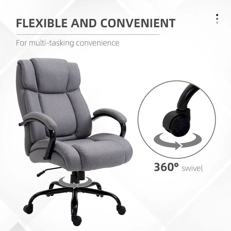 Fauteuil de bureau de direction grand et large à dossier haut en tissu gris clair aspect lin, avec hauteur réglable et pivotement à 360°, 1 place