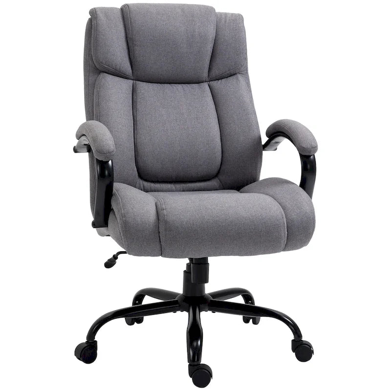 Fauteuil de bureau de direction grand et large à dossier haut en tissu gris clair aspect lin, avec hauteur réglable et pivotement à 360°, 1 place