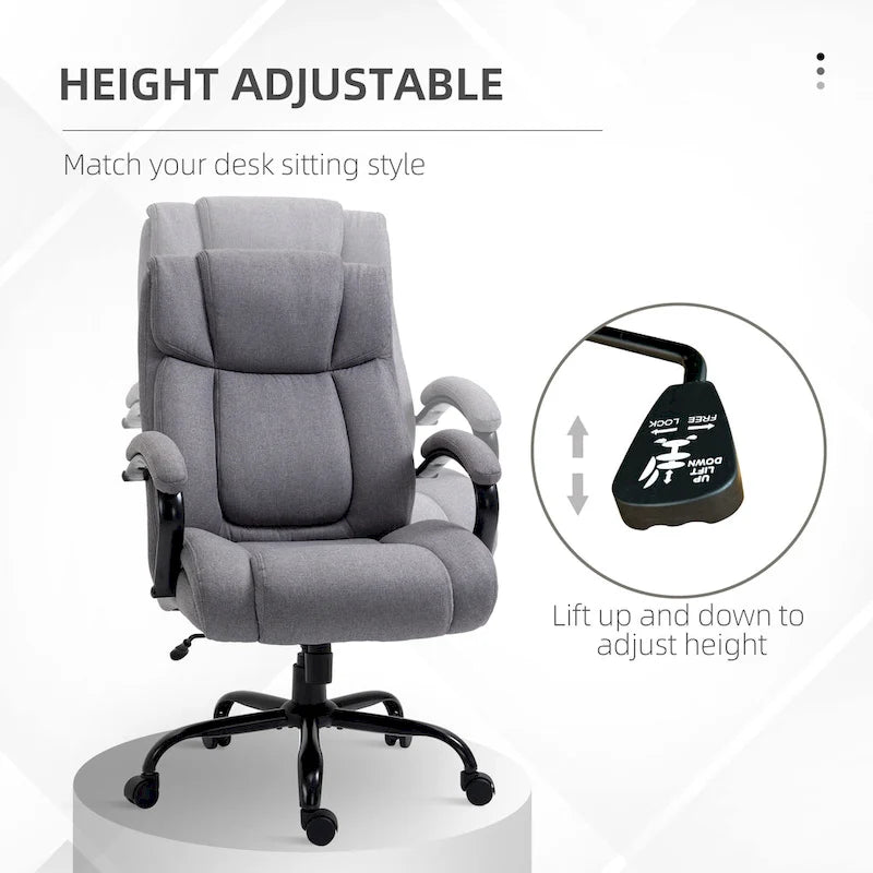 Fauteuil de bureau de direction grand et large à dossier haut en tissu gris clair aspect lin, avec hauteur réglable et pivotement à 360°, 1 place