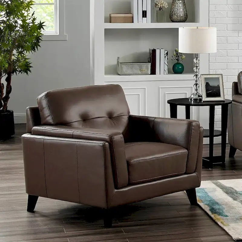 Fauteuil d'appoint du milieu du siècle en cuir pleine fleur marron granit avec ressorts ensachés et dossier touffeté, 1 place