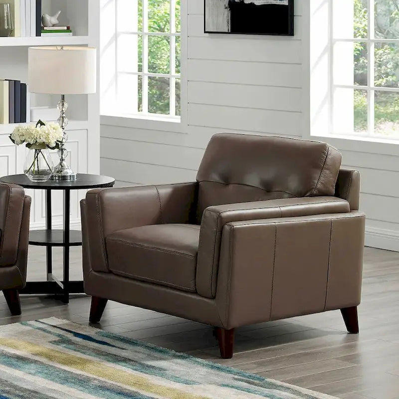 Fauteuil d'appoint du milieu du siècle en cuir pleine fleur marron granit avec ressorts ensachés et dossier touffeté, 1 place