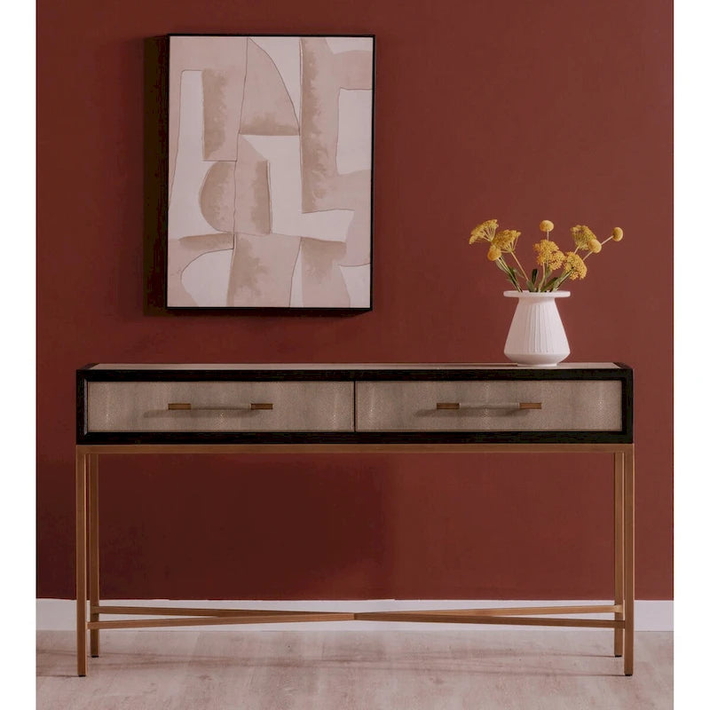 Console en chêne massif et similicuir galuchat gris, de style Art déco, avec pieds en fer finition laiton