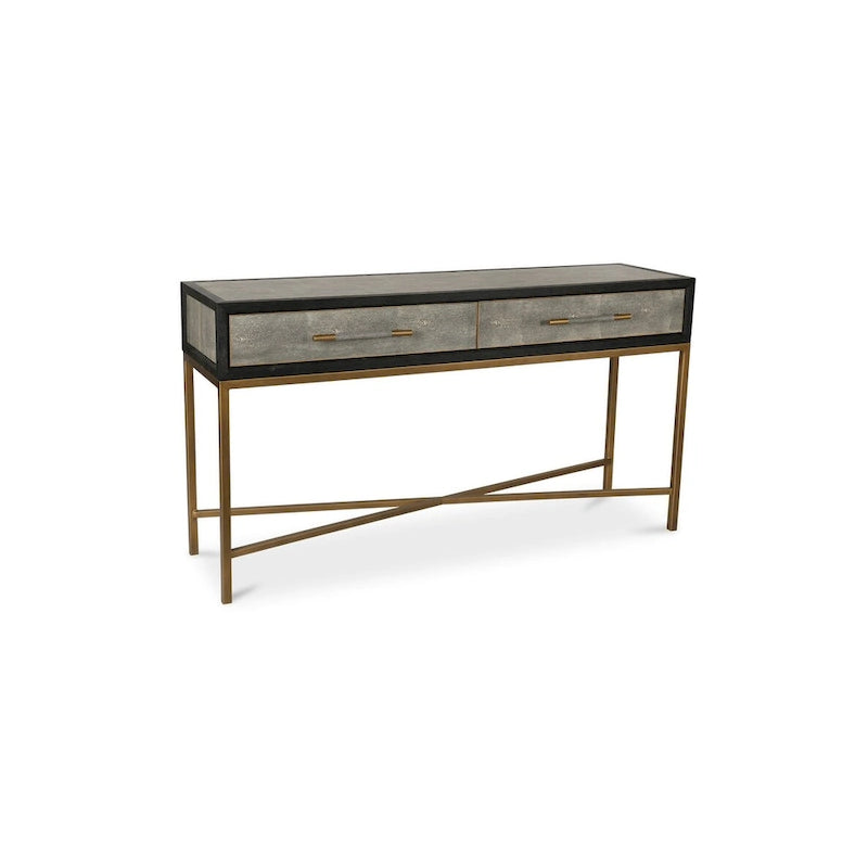 Console en chêne massif et similicuir galuchat gris, de style Art déco, avec pieds en fer finition laiton