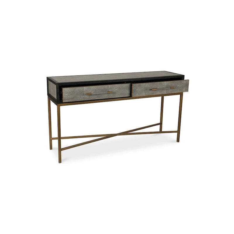 Console en chêne massif et similicuir galuchat gris, de style Art déco, avec pieds en fer finition laiton
