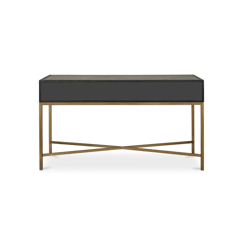 Console en chêne massif et similicuir galuchat gris, de style Art déco, avec pieds en fer finition laiton