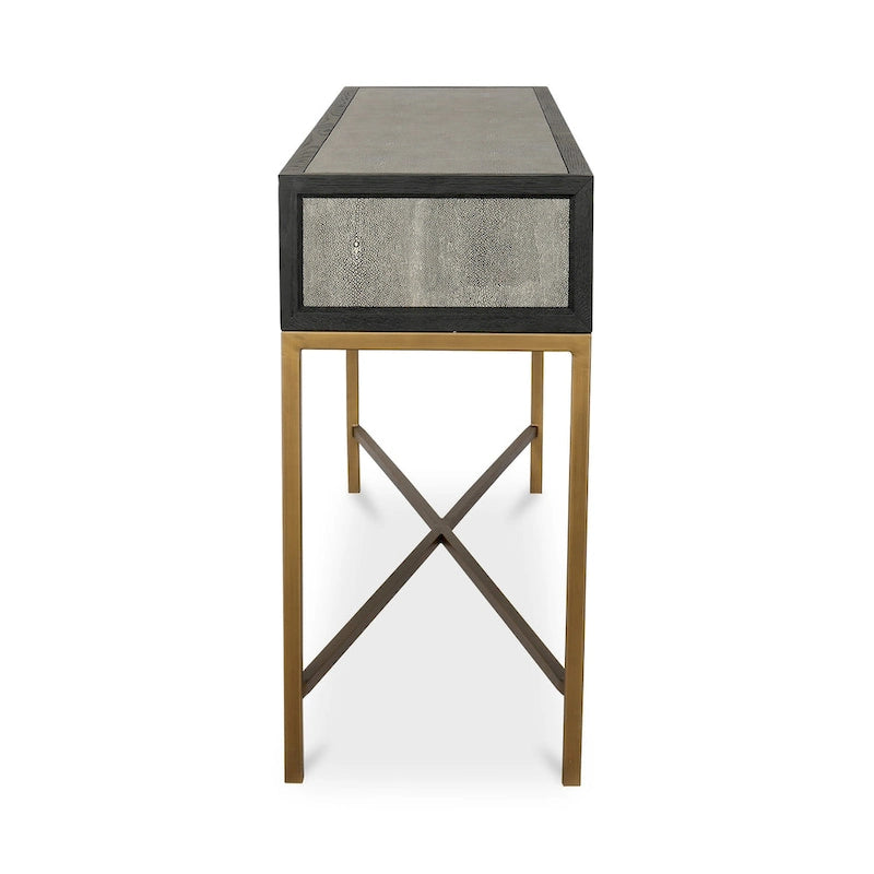 Console en chêne massif et similicuir galuchat gris, de style Art déco, avec pieds en fer finition laiton