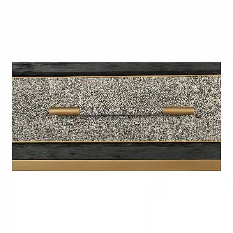 Console en chêne massif et similicuir galuchat gris, de style Art déco, avec pieds en fer finition laiton