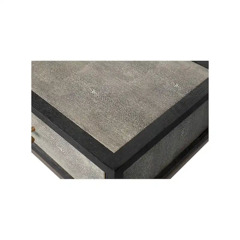 Console en chêne massif et similicuir galuchat gris, de style Art déco, avec pieds en fer finition laiton