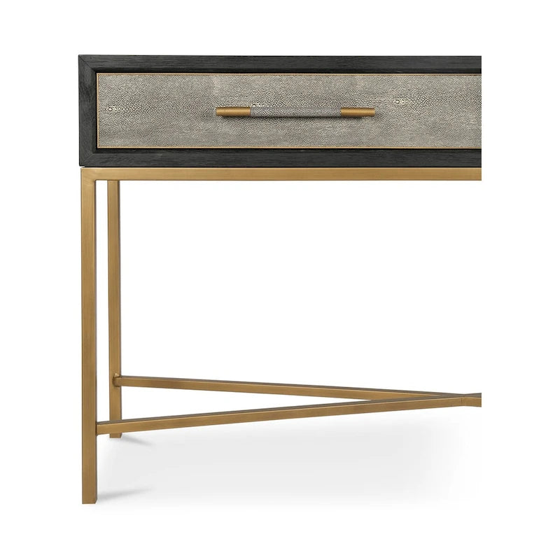 Console en chêne massif et similicuir galuchat gris, de style Art déco, avec pieds en fer finition laiton