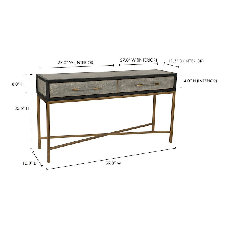 Console en chêne massif et similicuir galuchat gris, de style Art déco, avec pieds en fer finition laiton