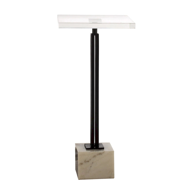 Table d'appoint piédestal à plateau en verre transparent noir et gris avec base en marbre et colonne en métal