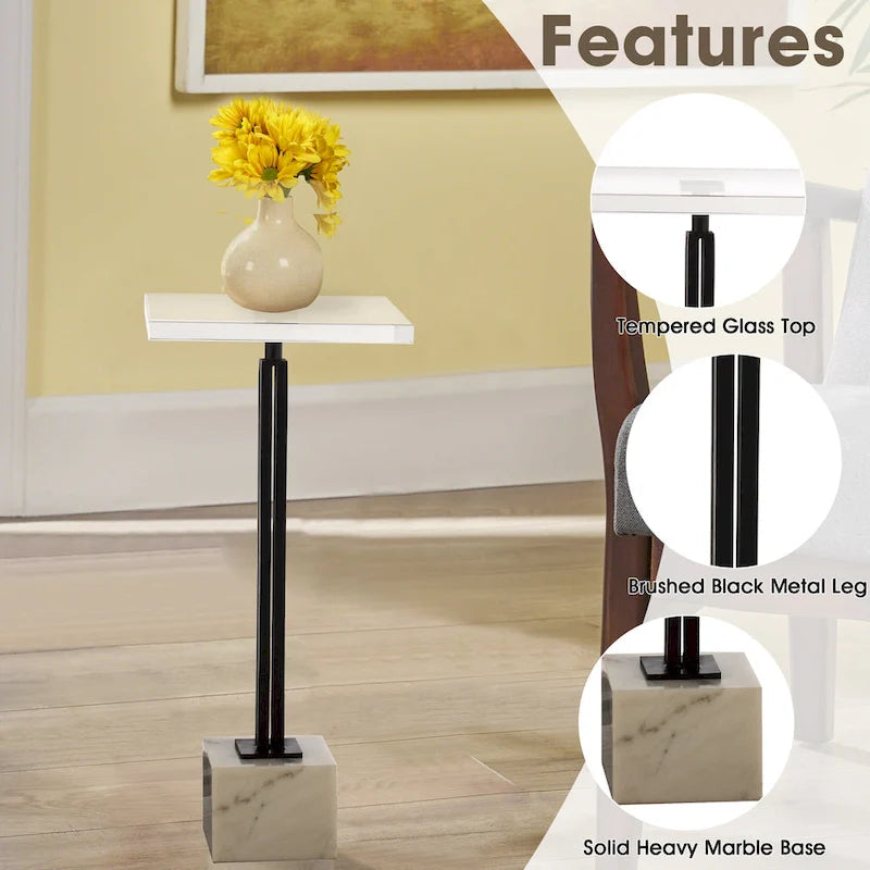 Table d'appoint piédestal à plateau en verre transparent noir et gris avec base en marbre et colonne en métal