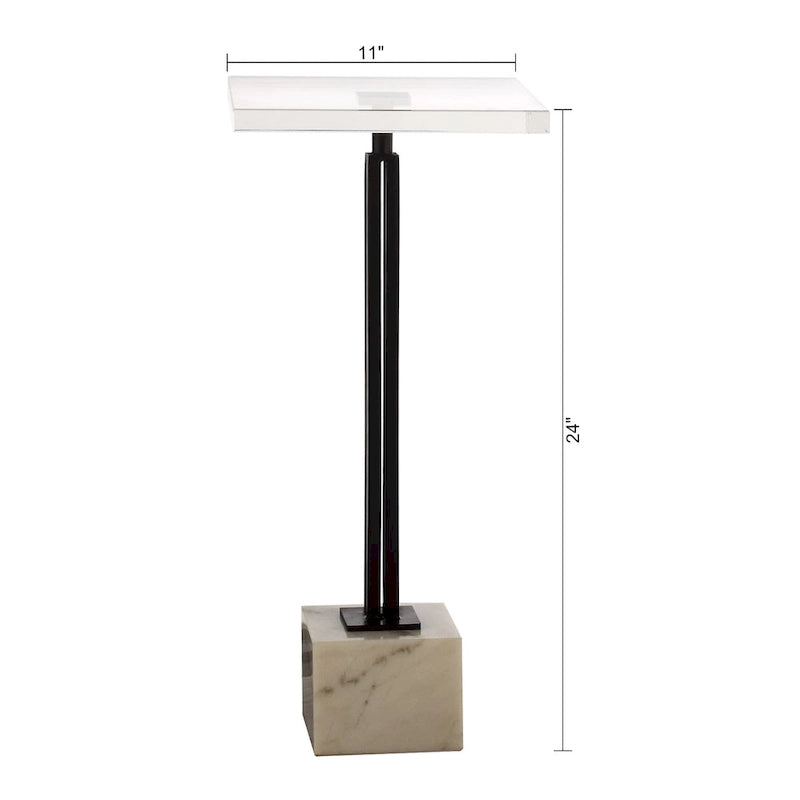 Table d'appoint piédestal à plateau en verre transparent noir et gris avec base en marbre et colonne en métal