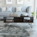 Table basse rectangulaire en bois manufacturé blanc avec 2 étagères ouvertes et pieds en métal style épingle à cheveux