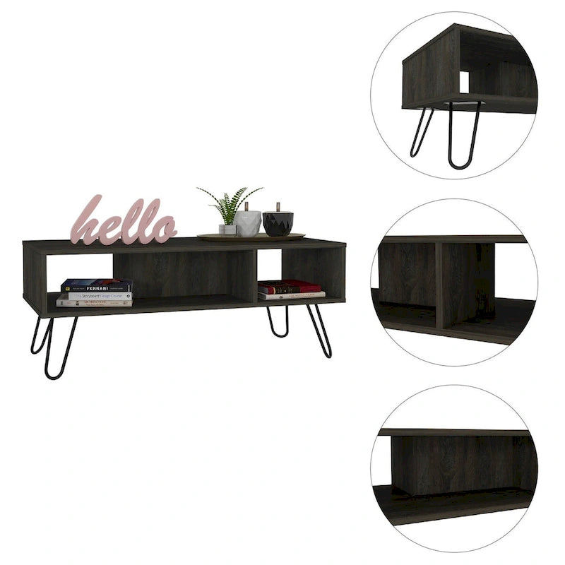 Table basse rectangulaire en bois manufacturé blanc avec 2 étagères ouvertes et pieds en métal style épingle à cheveux