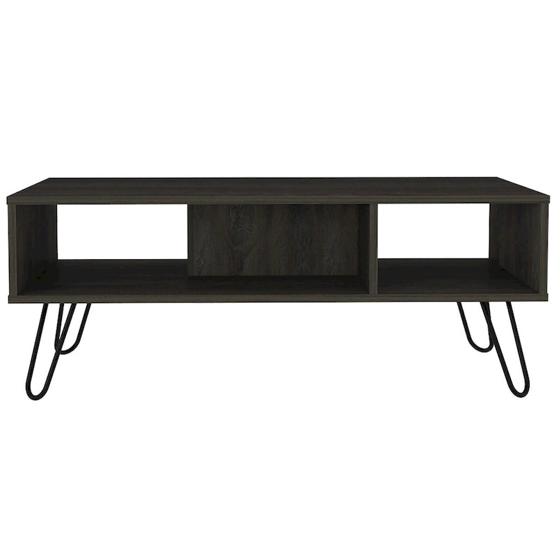 Table basse rectangulaire en bois manufacturé blanc avec 2 étagères ouvertes et pieds en métal style épingle à cheveux