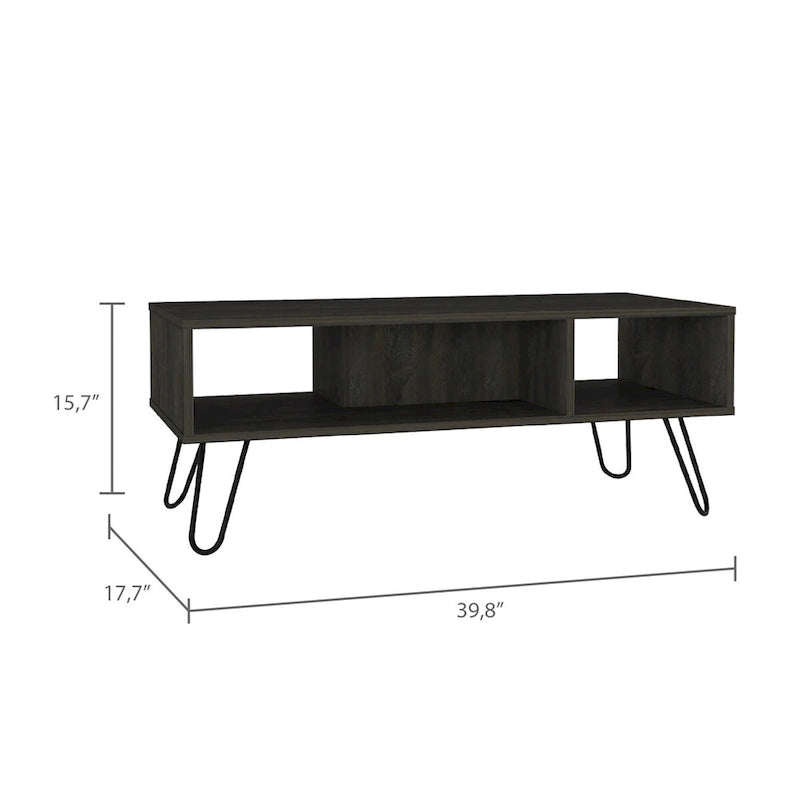 Table basse rectangulaire en bois manufacturé blanc avec 2 étagères ouvertes et pieds en métal style épingle à cheveux