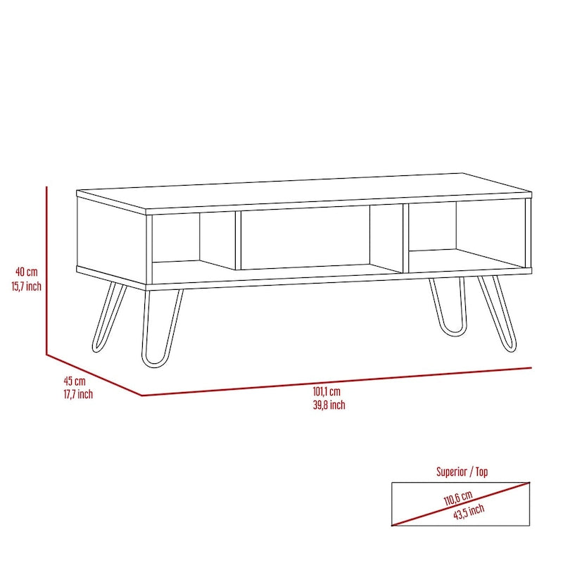 Table basse rectangulaire en bois manufacturé blanc avec 2 étagères ouvertes et pieds en métal style épingle à cheveux