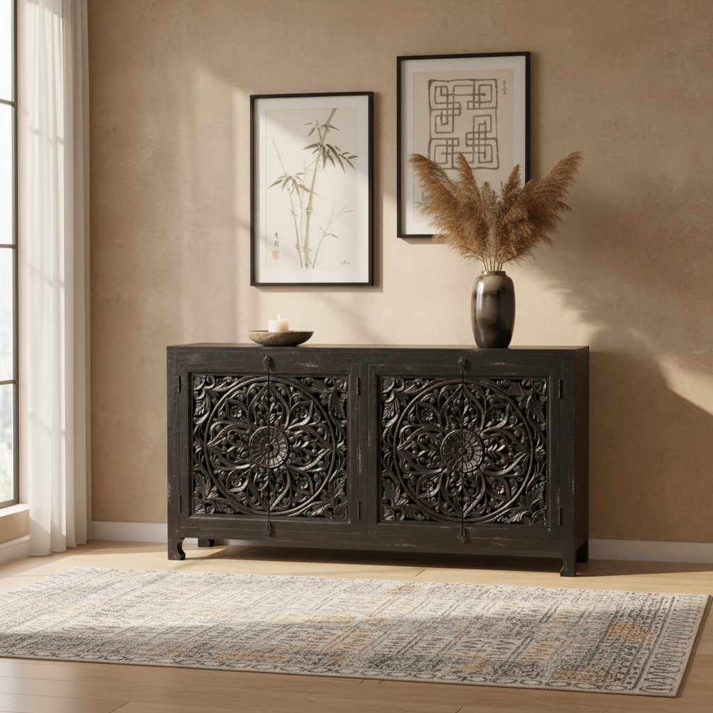 Buffet en bois recyclé noir sculpté à la main avec 4 portes et tiroirs