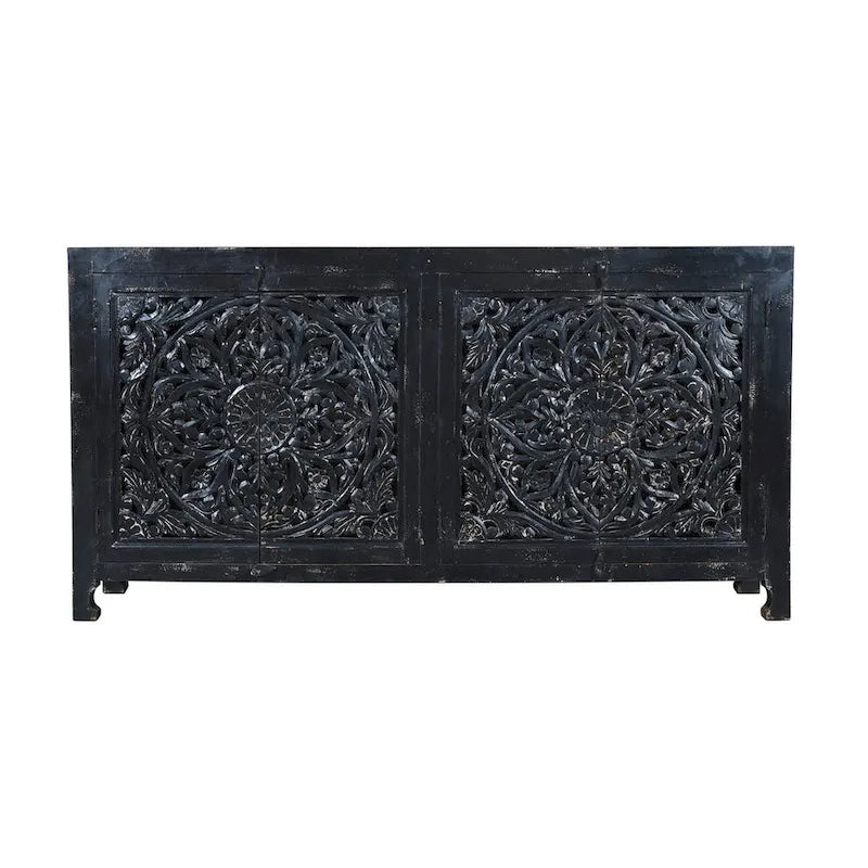 Buffet en bois recyclé noir sculpté à la main avec 4 portes et tiroirs