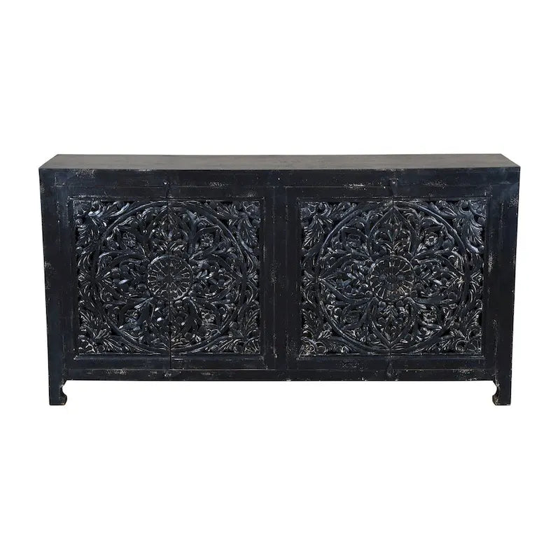 Buffet en bois recyclé noir sculpté à la main avec 4 portes et tiroirs