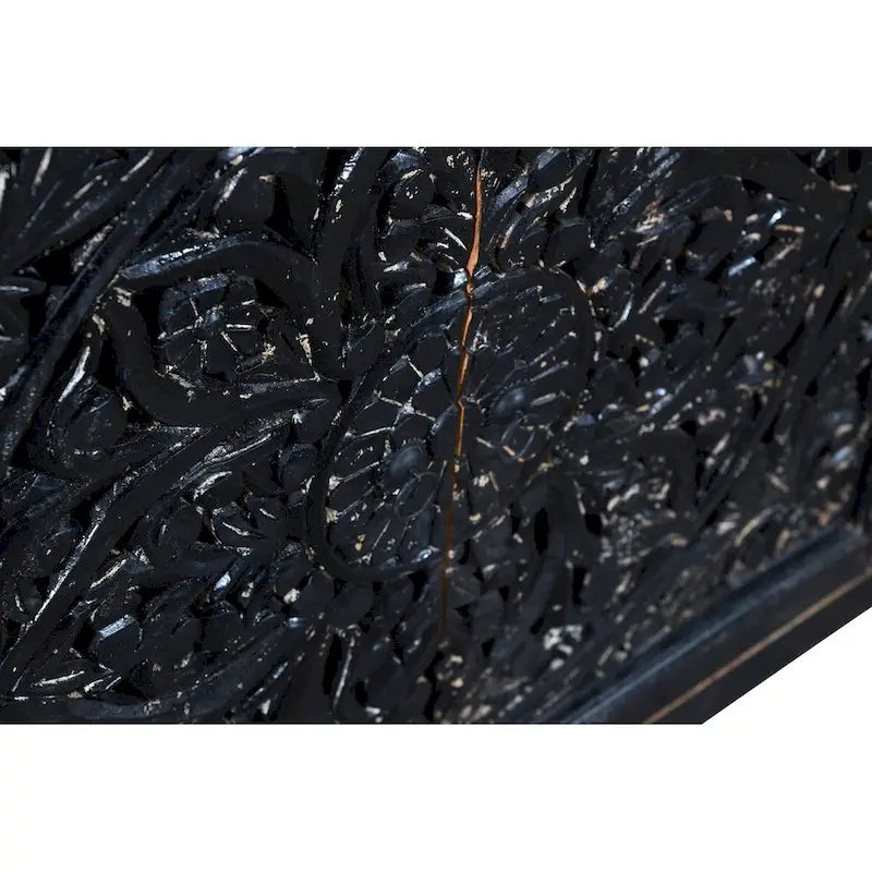 Buffet en bois recyclé noir sculpté à la main avec 4 portes et tiroirs