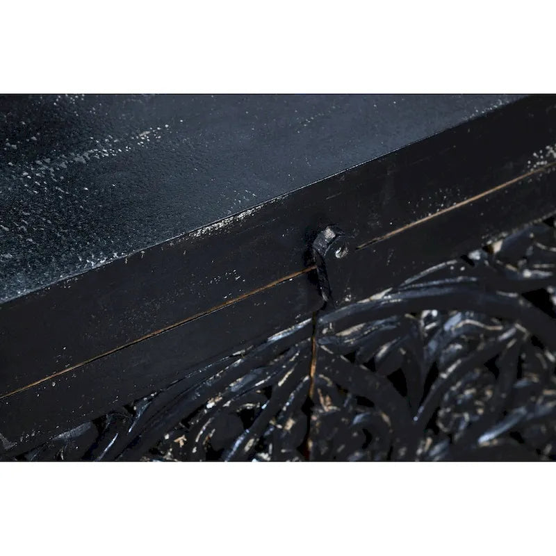 Buffet en bois recyclé noir sculpté à la main avec 4 portes et tiroirs