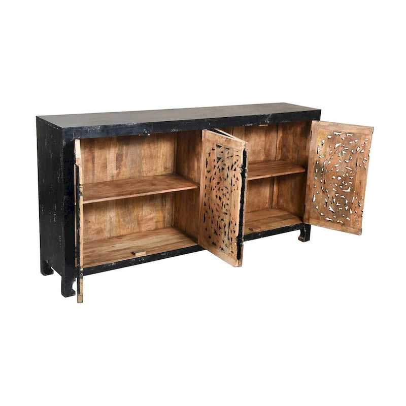 Buffet en bois recyclé noir sculpté à la main avec 4 portes et tiroirs